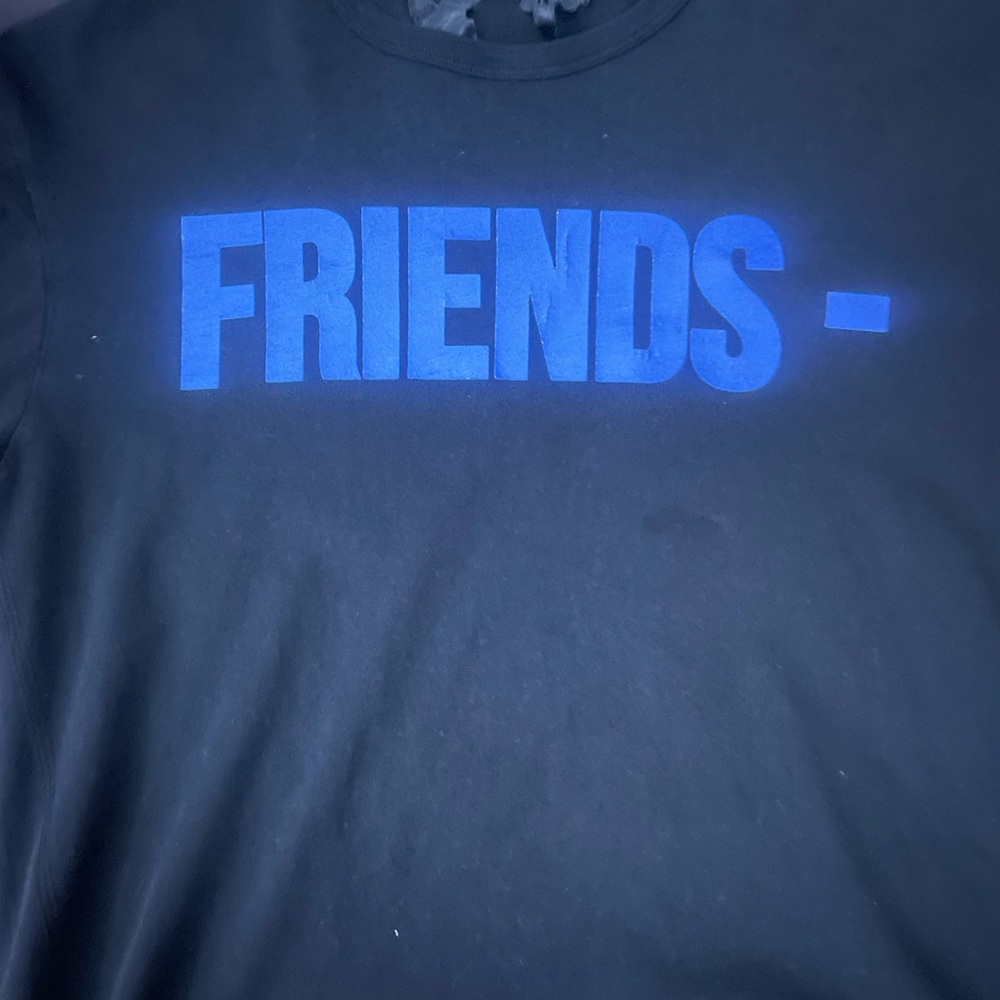 blue and black friends vlone shirt